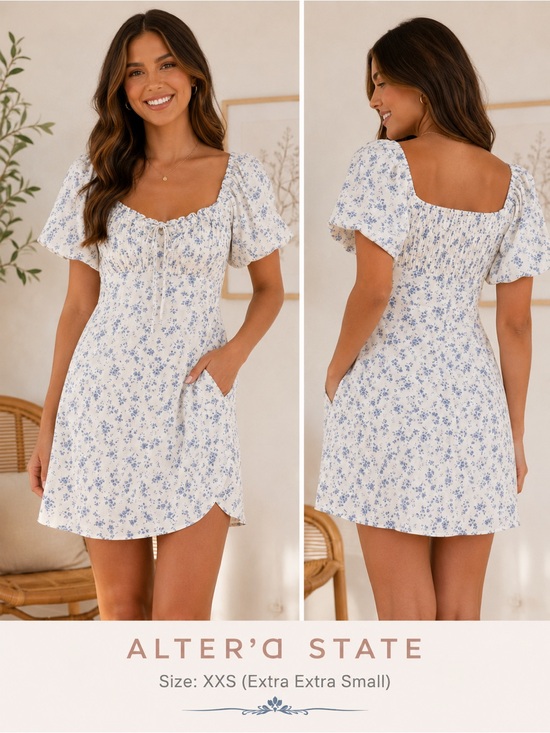 Altar'd State Dresses & Skirts - Altar'd State White Mini Dress with Blue Floral Print - NWT